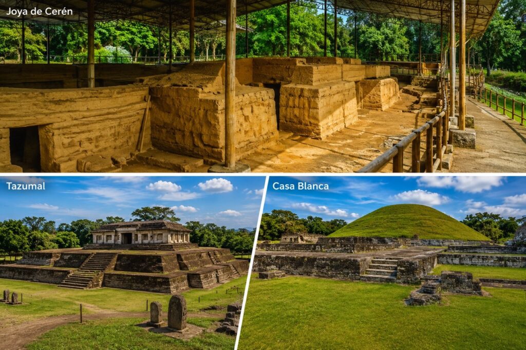 Montage des sites archéologiques de Joya de Cerén, Tazumal et Casa Blanca au Salvador.