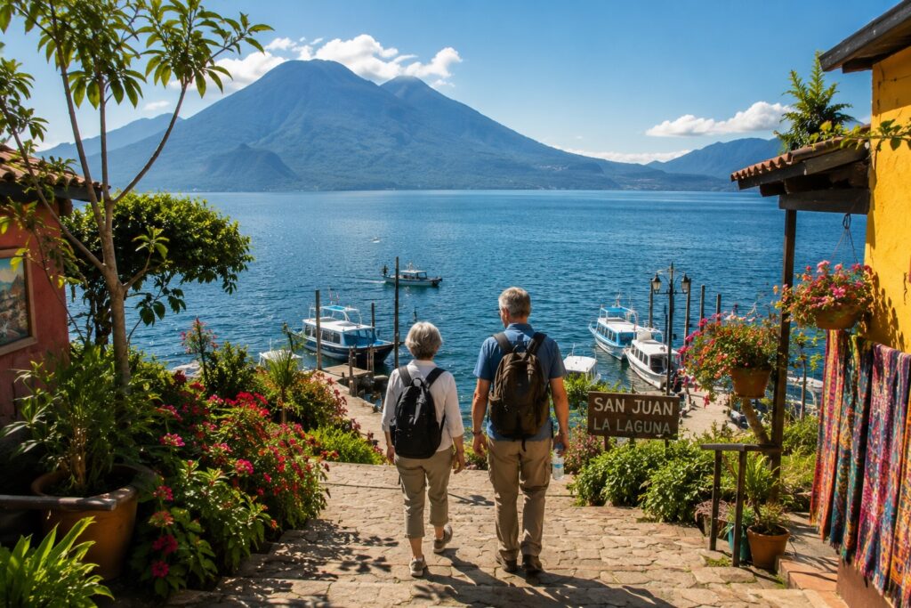 Voyageurs découvrant le lac Atitlán lors d'un circuit Guatemala avec cours d'espagnol.