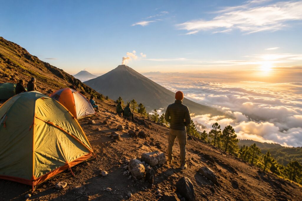 Randonneurs au campement du volcan Acatenango admirant le lever du soleil avec vue sur le volcan Fuego au Guatemala