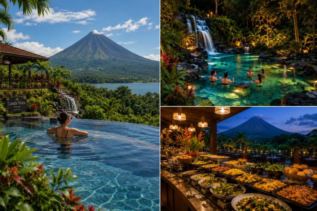 Illustration du séjour à l'hôtel Linda Vista avec vue sur le volcan Arenal, suivie d'une soirée aux sources thermales Los Lagos et d'un souper buffet au Costa Rica.