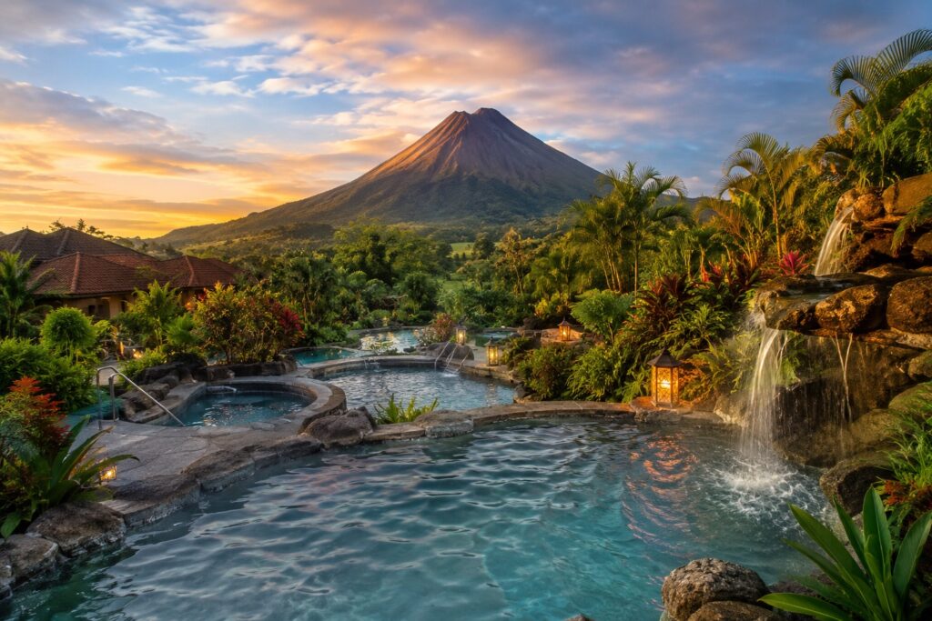Piscines d'eau chaude naturelle du Los Lagos Spa & Resort avec vue sur le volcan Arenal au Costa Rica.