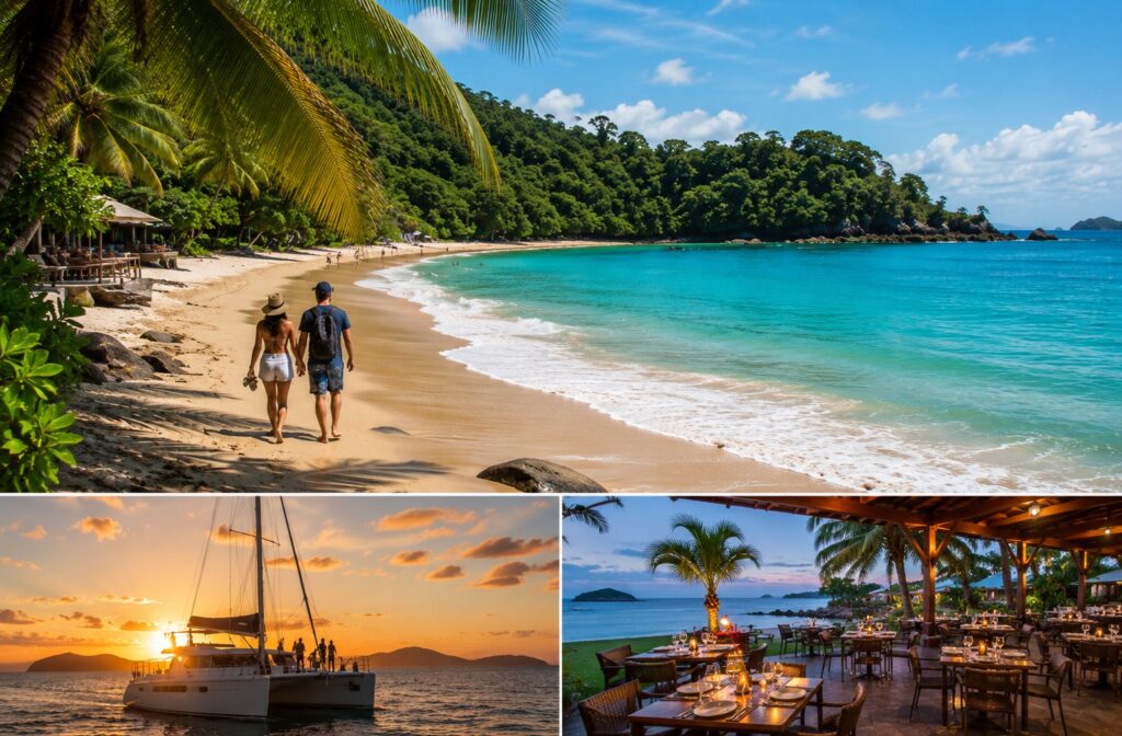 Plage de Manuel Antonio, détente au bord de l'océan et souper de fin de séjour lors d'un circuit accompagné au Costa Rica.