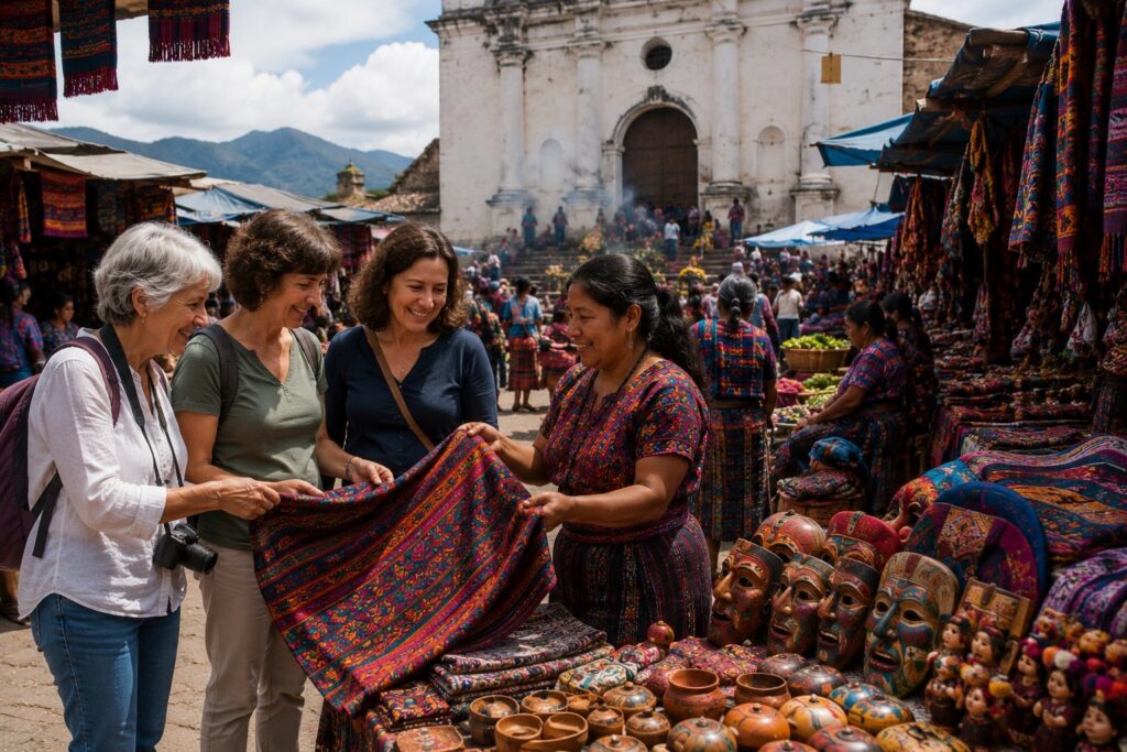 Voyageuses découvrant le marché de Chichicastenango lors d'un circuit Guatemala avec cours d'espagnol.