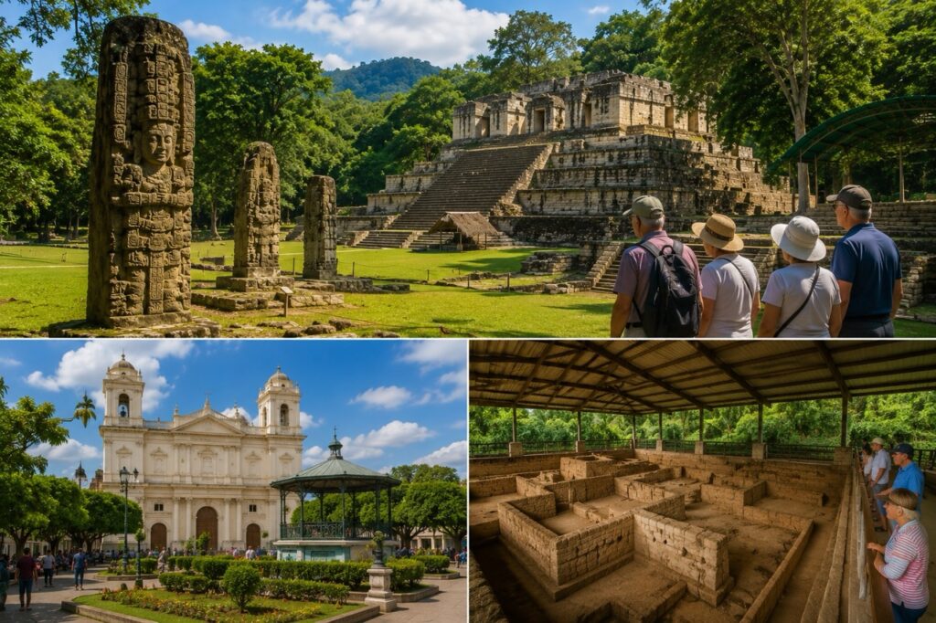 Ruines mayas de Copán, centre historique de Santa Ana et site archéologique de Joya de Cerén au Salvador.