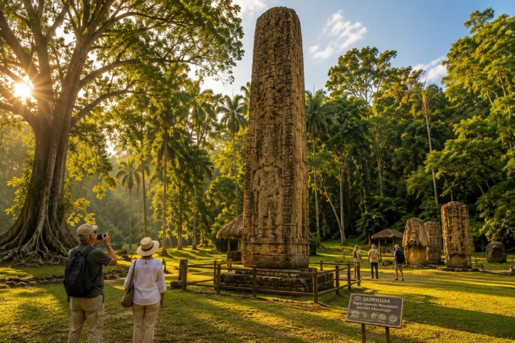 Voyageurs de plus de 60 ans admirant les immenses stèles mayas du parc archéologique de Quiriguá au Guatemala.