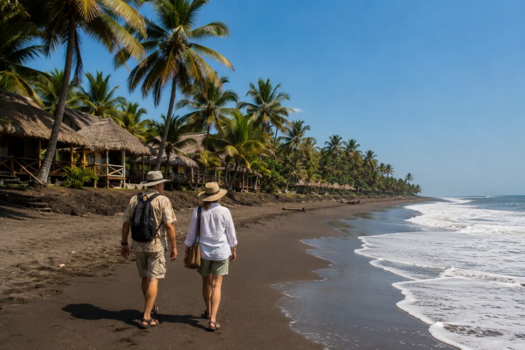 Couple de voyageurs marchant sur la plage de sable volcanique de Monterrico sur la côte Pacifique du Guatemala.