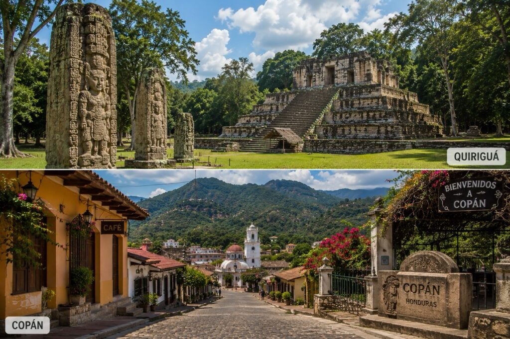 Stèles mayas de Quiriguá au Guatemala et vue de la ville coloniale de Copán au Honduras.