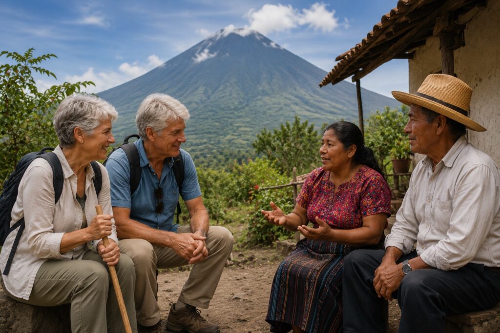Voyageurs rencontrant une famille locale après une randonnée au volcan Agua lors d'un circuit Guatemala avec cours d'espagnol.