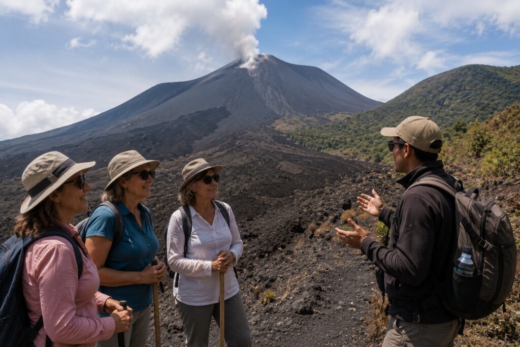 Voyageuses en randonnée avec un guide sur les sentiers du volcan Pacaya au Guatemala.