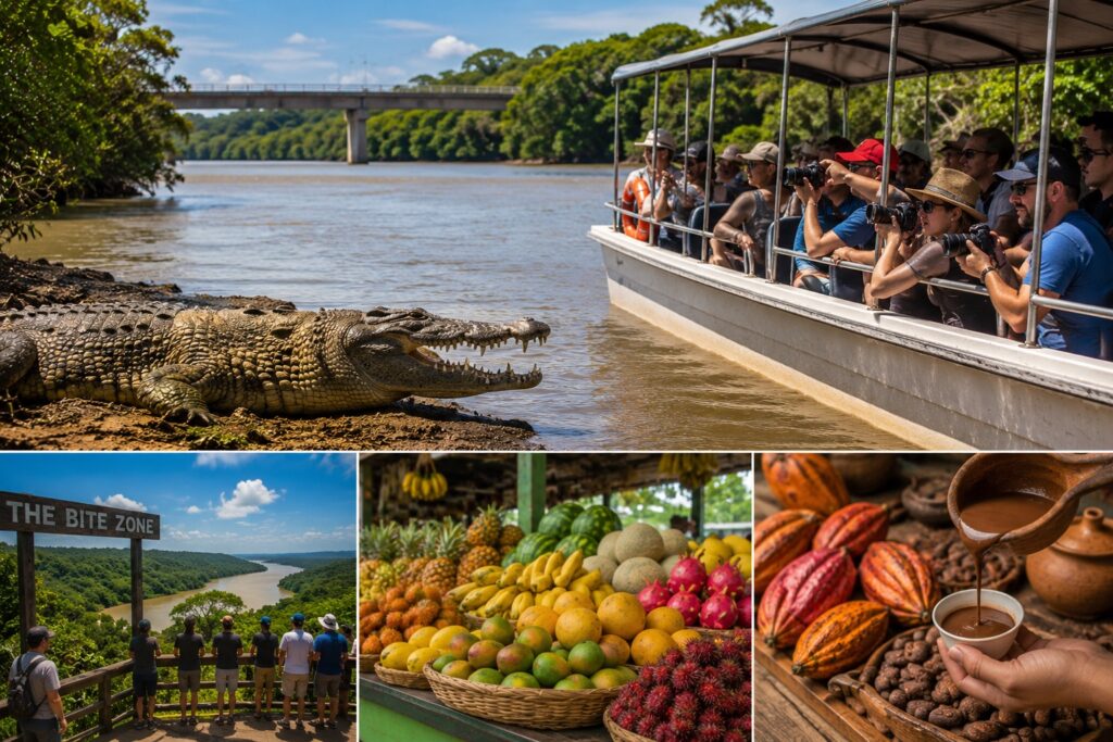Safari sur la rivière Tárcoles, crocodiles, belvédère The Bite Zone, dégustation de chocolat et marché de fruits d'Orotina au Costa Rica.