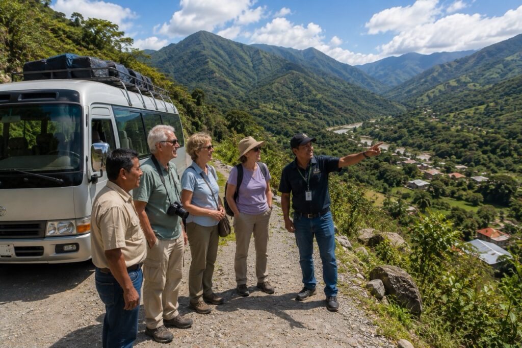 Voyageurs accompagnés d'un guide admirant les paysages montagneux sur la route vers Semuc Champey au Guatemala.