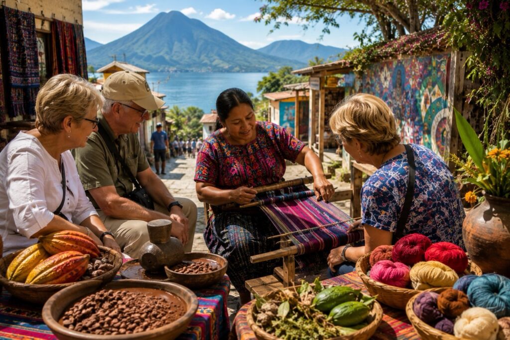 Voyageurs de plus de 60 ans découvrant le tissage traditionnel maya à San Juan La Laguna avec le lac Atitlán en arrière-plan.