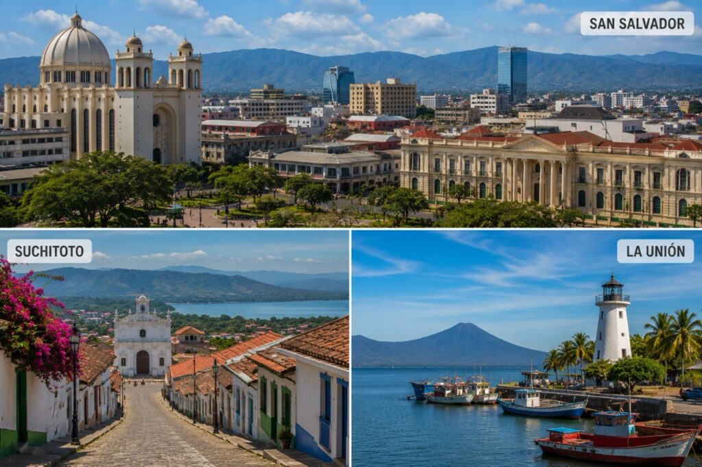 Vue de San Salvador, du village colonial de Suchitoto et du port de La Unión au Salvado