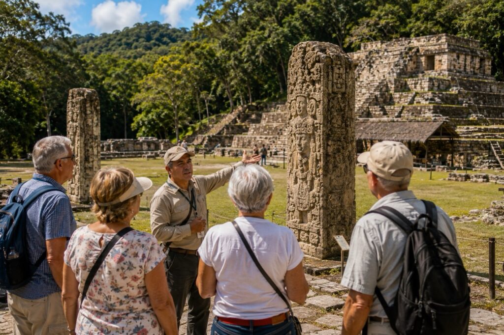 Voyageurs de plus de 60 ans en visite guidée du site archéologique de Copán au Honduras.