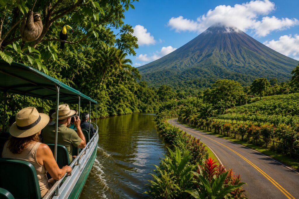 Voyageurs naviguant sur les canaux de Tortuguero en direction de La Fortuna avec le volcan Arenal en arrière-plan lors d'un circuit Costa Rica en français.