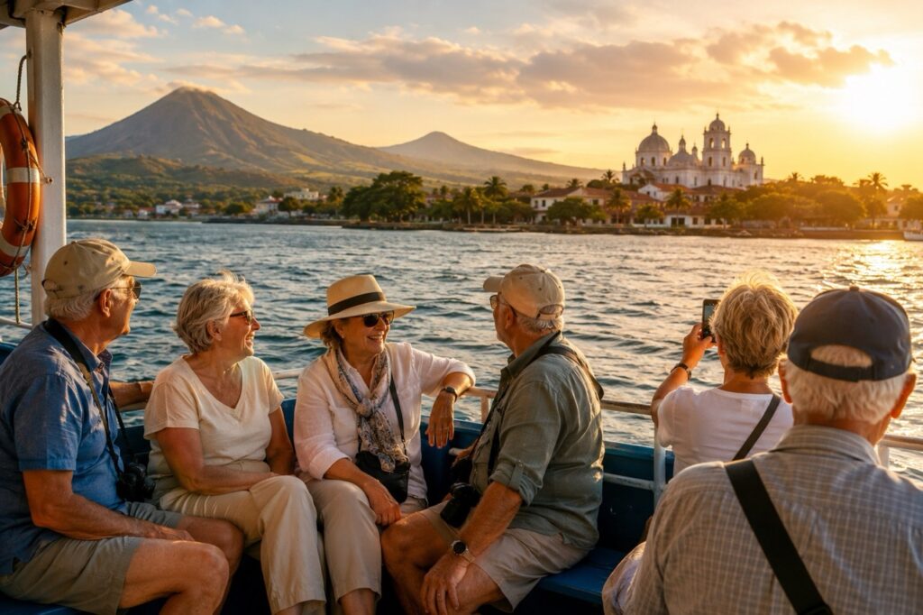 Voyageurs de plus de 60 ans en bateau sur le golfe de Fonseca en direction de León, au Nicaragua.
