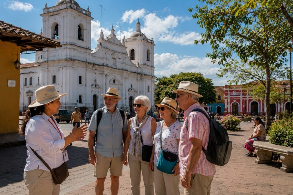 Voyageurs de plus de 60 ans en visite guidée devant la cathédrale de León, au Nicaragua.
