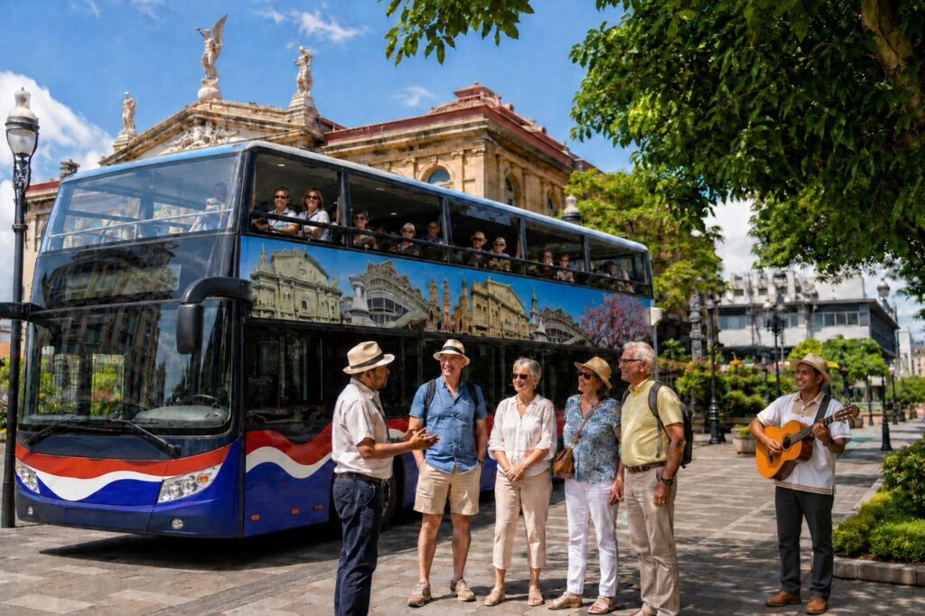 Visite de San José en autobus VIP avec musique, boisson de bienvenue et découvertes culturelles