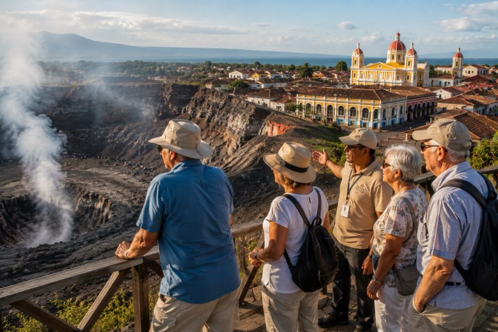 Voyageurs de plus de 60 ans découvrant le volcan Masaya avec vue sur la ville coloniale de Granada au Nicaragua.