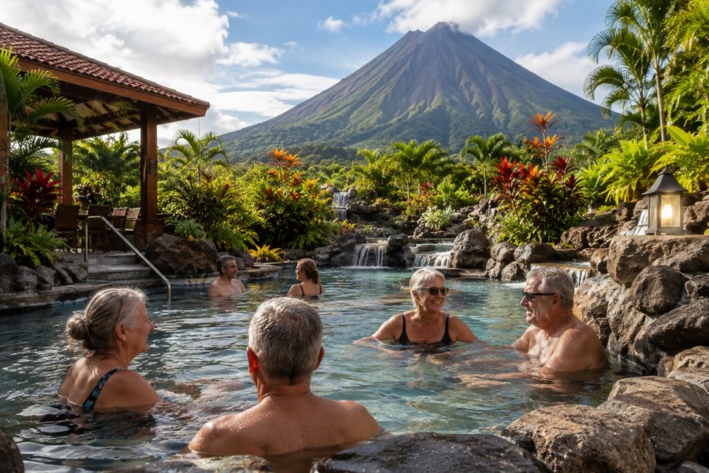 Voyageurs de plus de 50 ans profitant des sources d'eau chaude du Los Lagos Spa & Resort avec le volcan Arenal en arrière-plan, au Costa Rica.