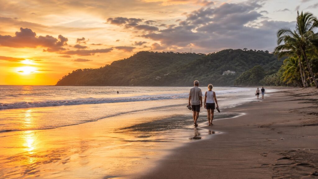 Voyageurs marchant sur la plage de Jacó au coucher du soleil au Costa Rica