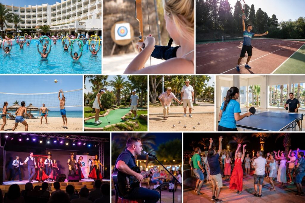 Montage présentant les activités du Marhaba Royal Salem 4★ à Sousse : aquagym, tir à l'arc, tennis, beach-volley, mini-golf, pétanque, tennis de table, spectacles et musique live.
