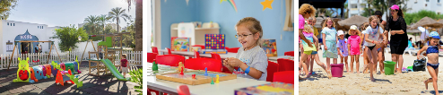 Montage présentant les installations pour les enfants au Marhaba Royal Salem 4★ : aire de jeux, mini-club et activités sur la plage à Sousse, en Tunisie.