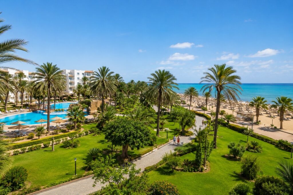Jardins luxuriants, piscines et plage privée dans un hôtel de Sousse.