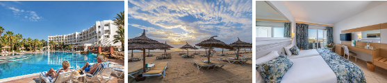 Montage présentant la piscine, la plage de sable fin et une chambre confortable du Marhaba Royal Salem 4★ à Sousse, en Tunisie.