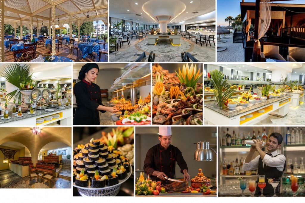 Buffet et restaurants proposant une cuisine tunisienne et internationale.