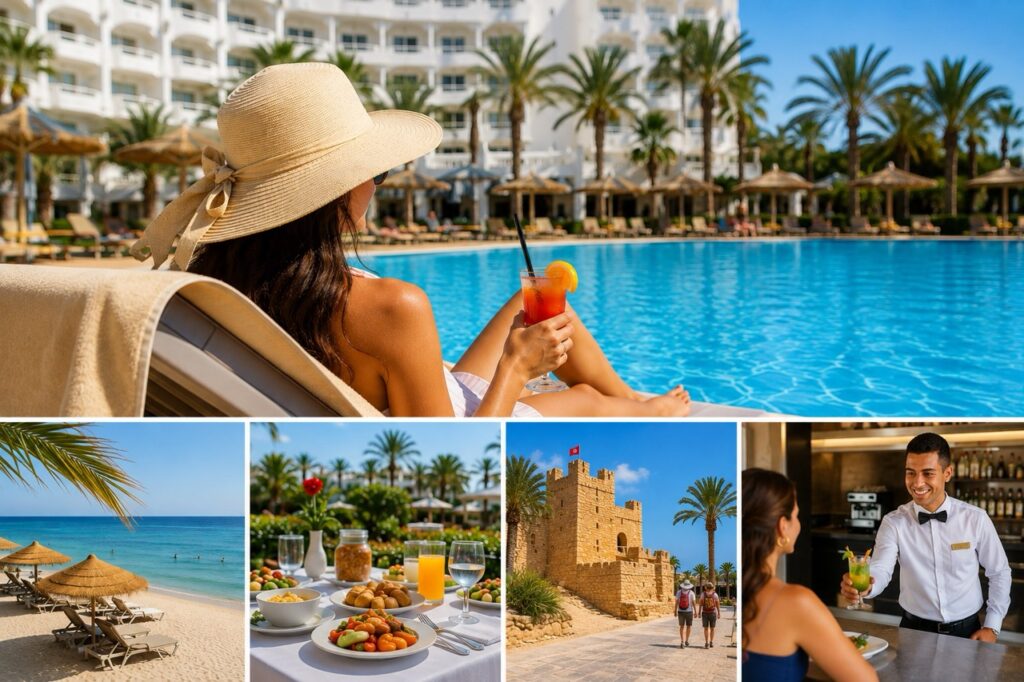 Montage illustrant un séjour libre au Marhaba Royal Salem 4★ avec piscine, plage privée, restauration, service tout inclus et découverte de Sousse en Tunisie.