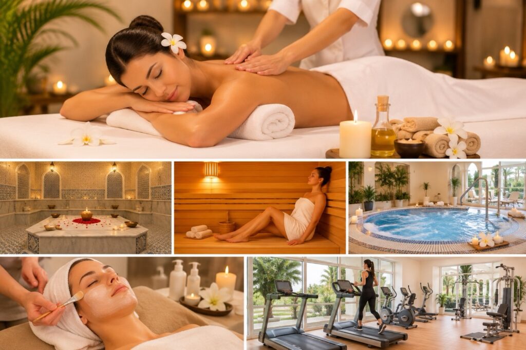 Montage présentant le spa du Marhaba Royal Salem 4★ avec salle de massage, hammam, sauna, bain à remous et centre de fitness à Sousse, en Tunisie.