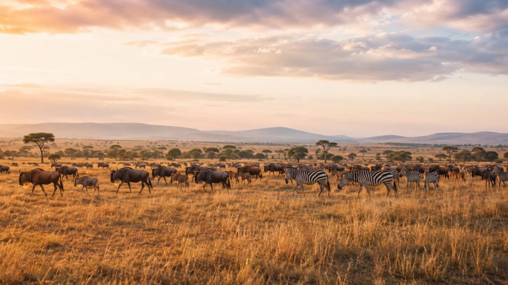 Troupeaux de gnous et de zèbres dans les plaines du Masai Mara et du Serengeti