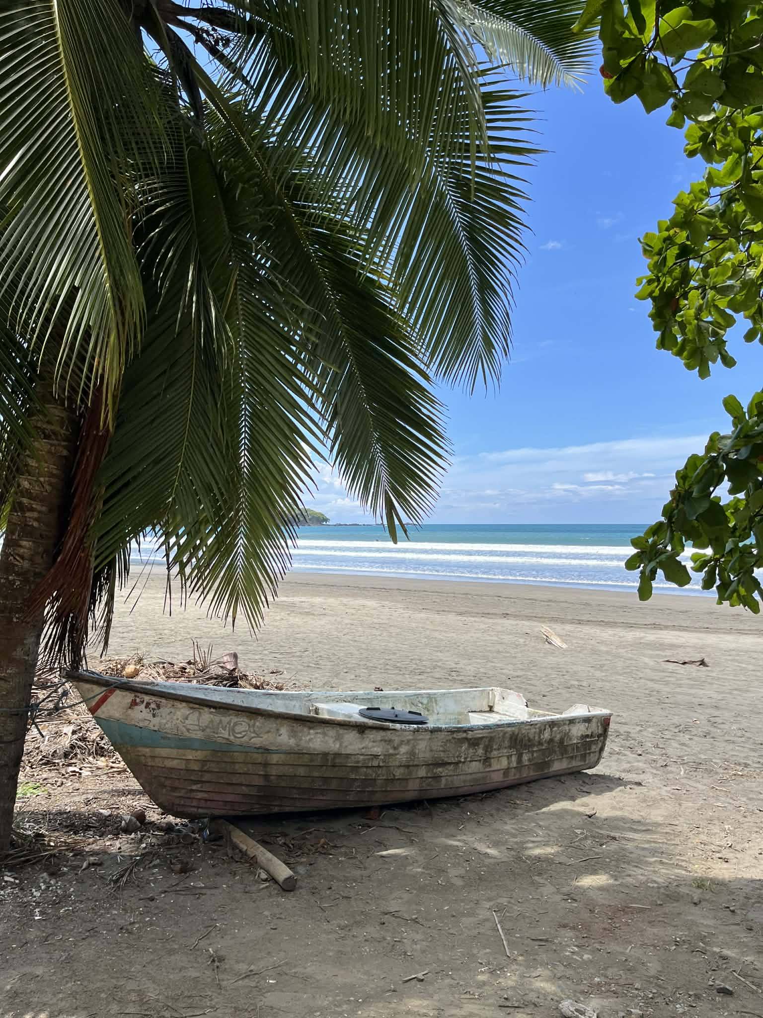 Plage tropicale de Jaco avec bateau de pêche et palmiers au Costa Rica