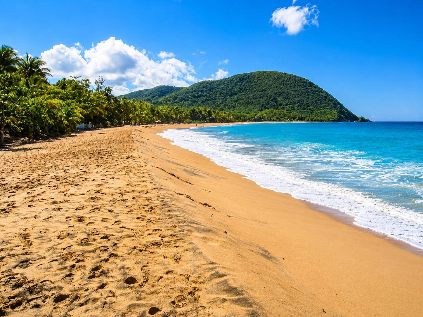 Grande plage de sable fin à Deshaies en Guadeloupe avec vue sur la mer des Caraïbes.